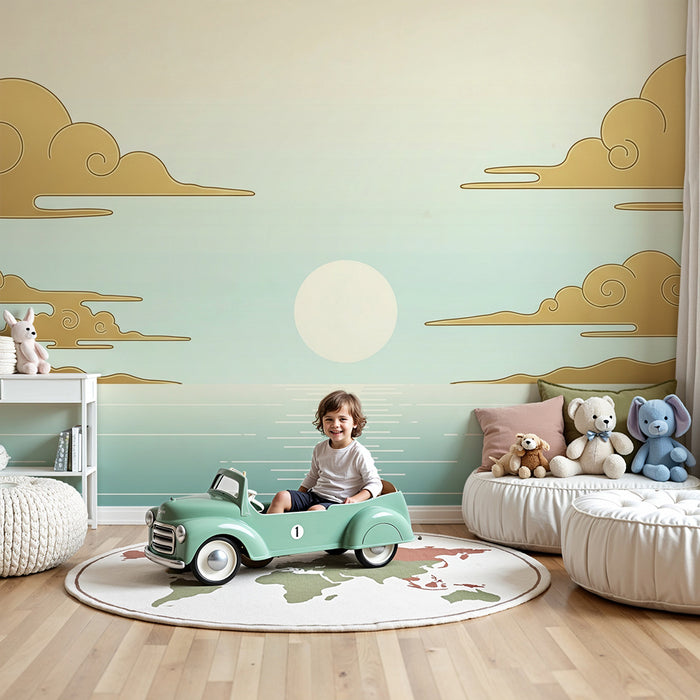 Carta da parati bambini | Cielo tranquillo con nuvole dorate e sole che sorge