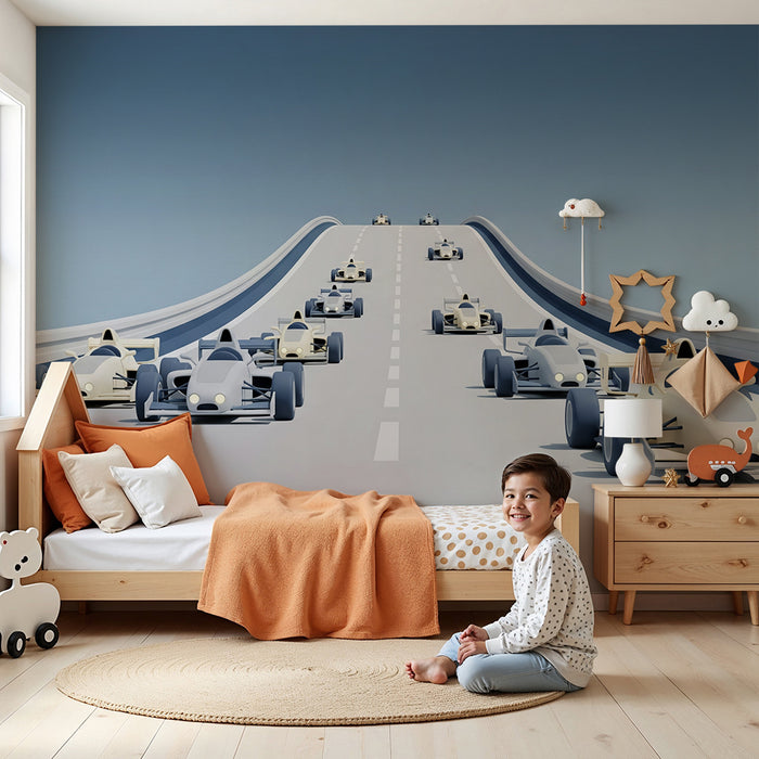 Papier peint chambre enfant | Circuit de course avec voitures de course stylisées