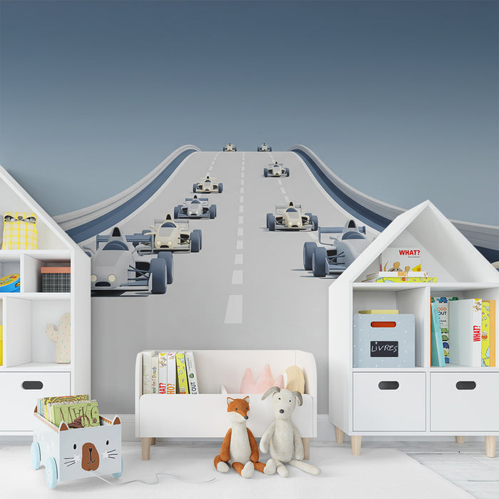 Papier peint chambre enfant | Circuit de course avec voitures de course stylisées