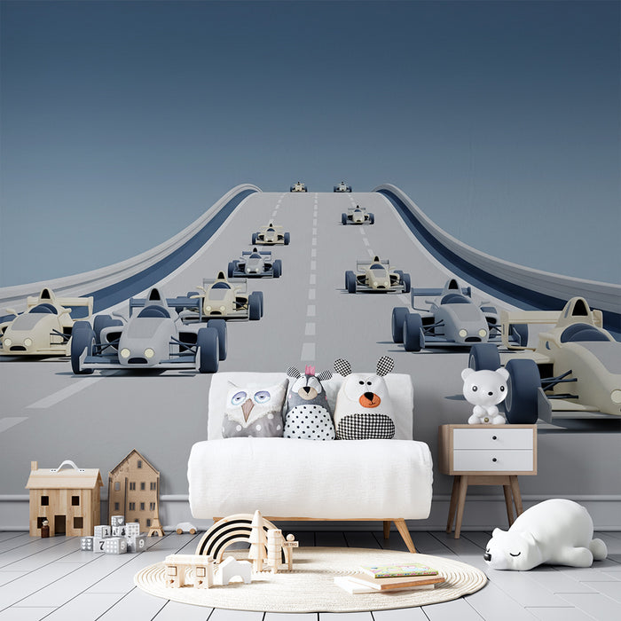 Papier peint chambre enfant | Circuit de course avec voitures de course stylisées