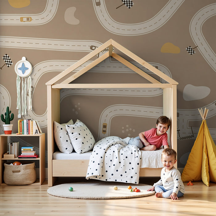 Papier peint chambre enfant | Circuit de course avec voitures et drapeaux à damiers