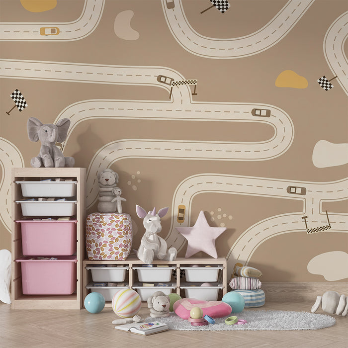 Papier peint chambre enfant | Circuit de course avec voitures et drapeaux à damiers