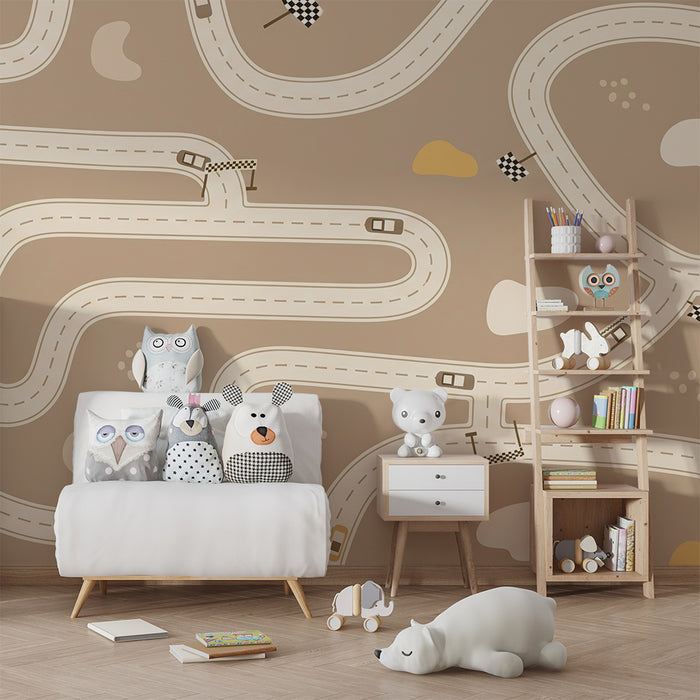 Papier peint chambre enfant | Circuit de course avec voitures et drapeaux à damiers