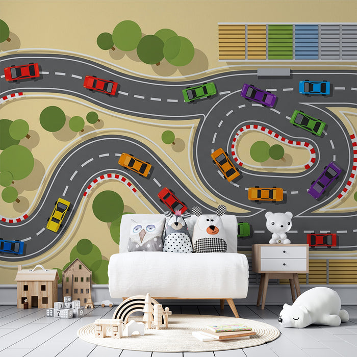 Tapet pentru camera copilului | Circuit de curse colorat cu mașinuțe și copaci