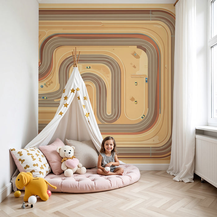 Kids room wallpaper | Colorful race track on desert background