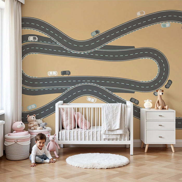 Papier peint chambre enfant | Circuit de course dynamique avec voitures colorées