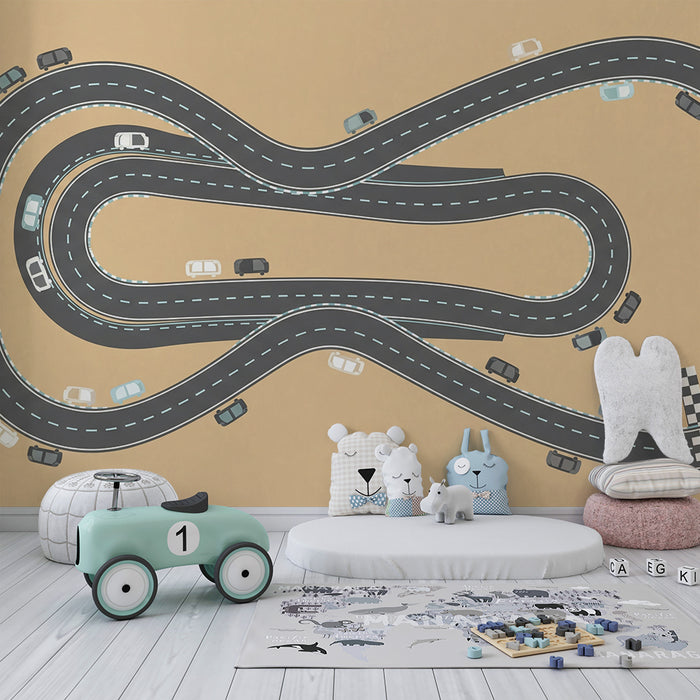 Papier peint chambre enfant | Circuit de course dynamique avec voitures colorées