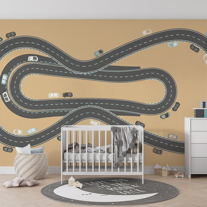 Papier peint chambre enfant | Circuit de course dynamique avec voitures colorées