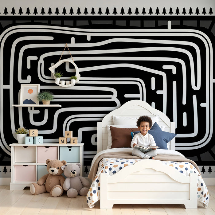 Kids room wallpaper | Stylized race track with trees