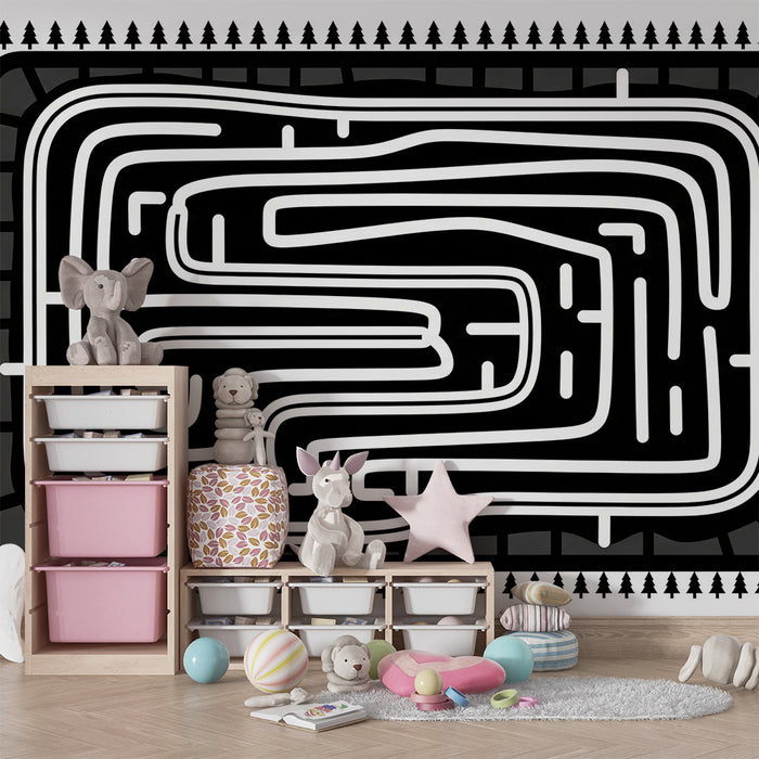 Kids room wallpaper | Stylized race track with trees