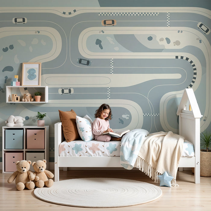 Tapeta do pokoje dítěte | Stylizovaný závodní okruh s moderními auty