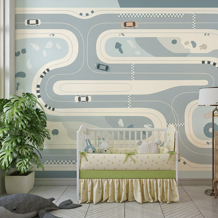 Tapeta do pokoje dítěte | Stylizovaný závodní okruh s moderními auty