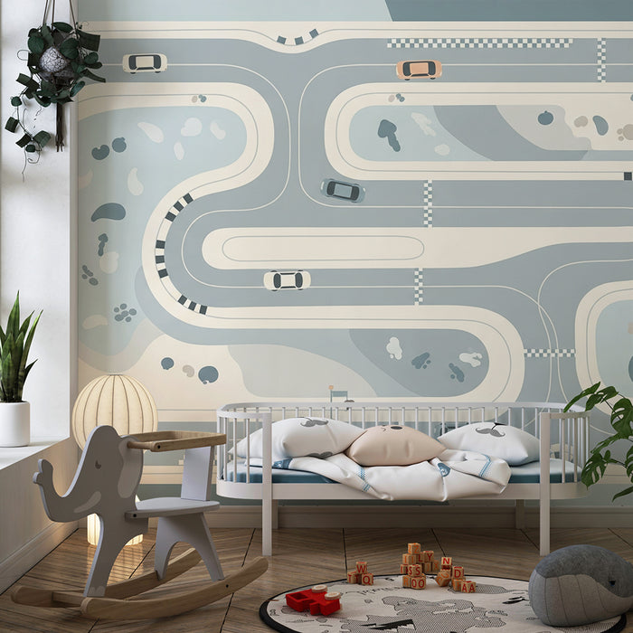 Tapeta do pokoje dítěte | Stylizovaný závodní okruh s moderními auty