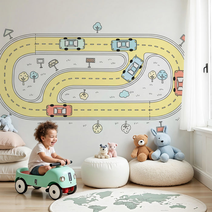 Papier peint chambre enfant | Circuit de voitures animé