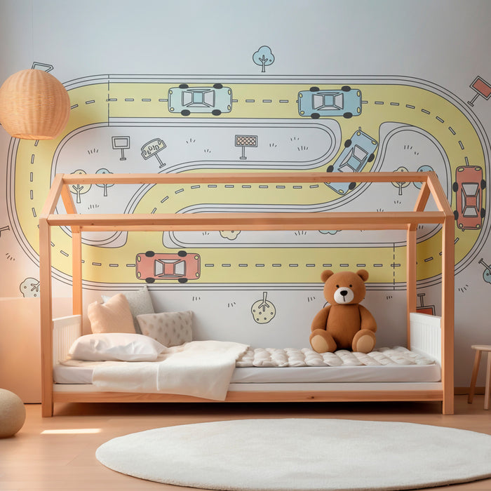 Papier peint chambre enfant | Circuit de voitures animé