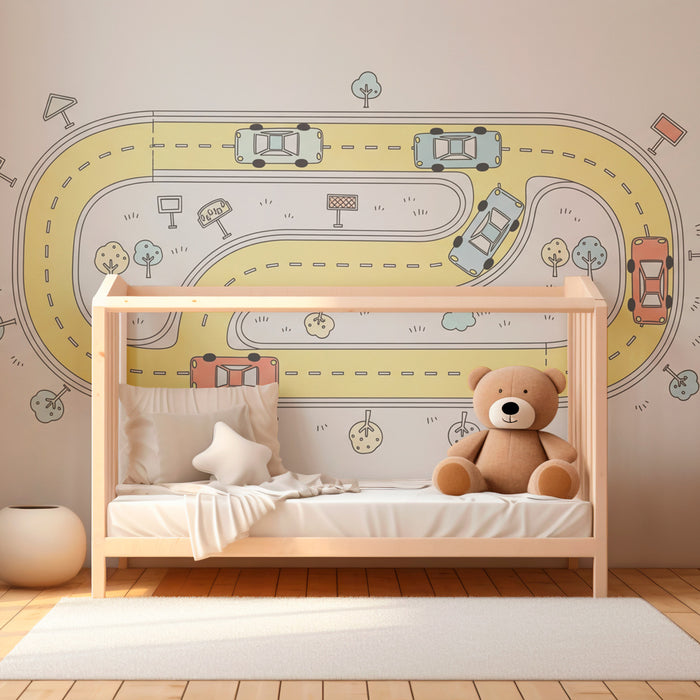 Papier peint chambre enfant | Circuit de voitures animé