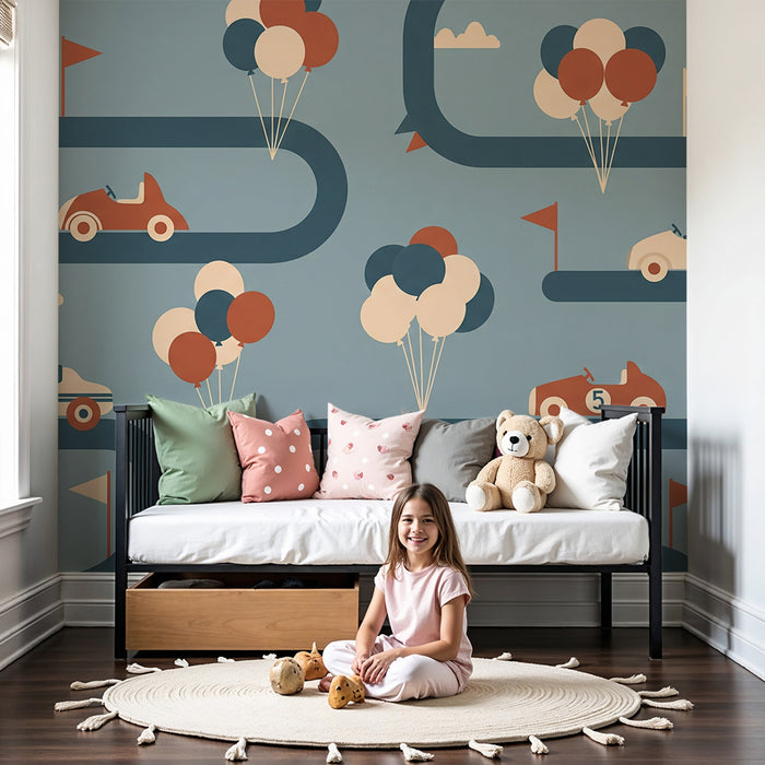 Papier peint chambre enfant | Circuit de voitures colorées avec ballons et drapeaux