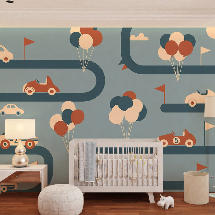 Papier peint chambre enfant | Circuit de voitures colorées avec ballons et drapeaux
