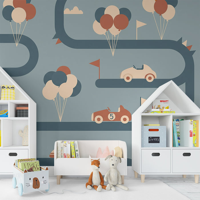 Papier peint chambre enfant | Circuit de voitures colorées avec ballons et drapeaux