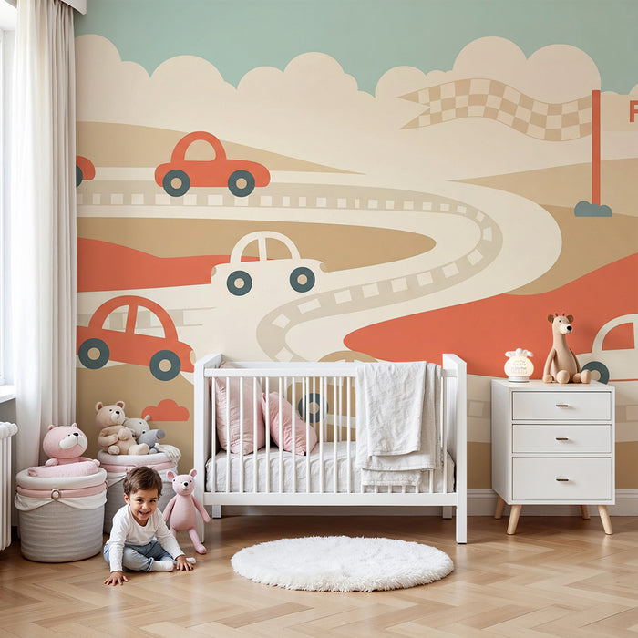 Papier peint chambre enfant | Circuit de voitures colorées sur un fond doux