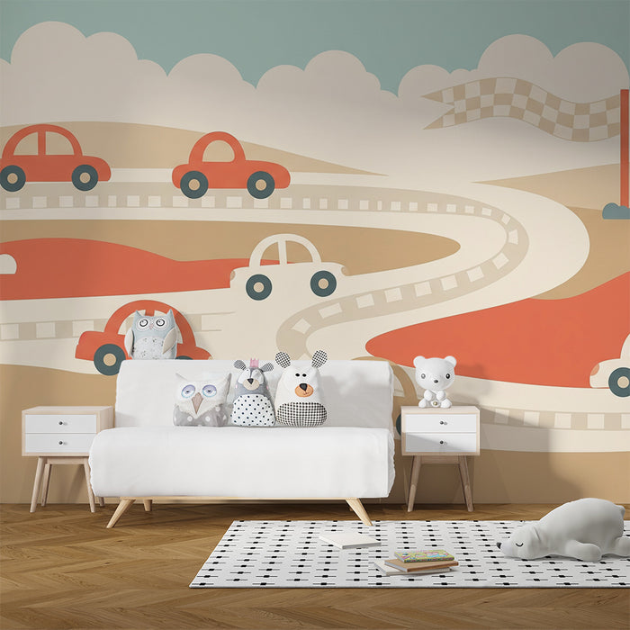 Papier peint chambre enfant | Circuit de voitures colorées sur un fond doux