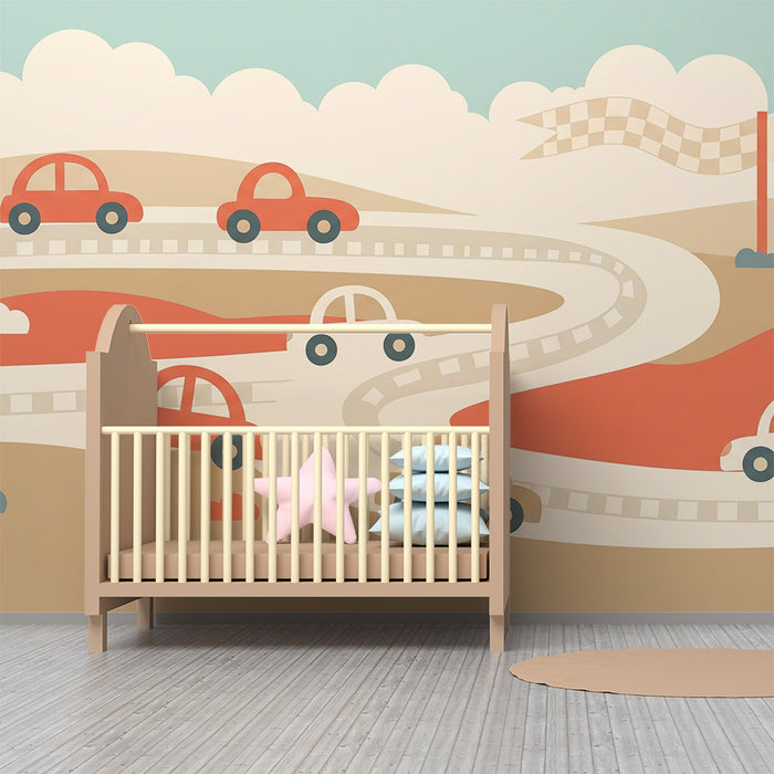Papier peint chambre enfant | Circuit de voitures colorées sur un fond doux