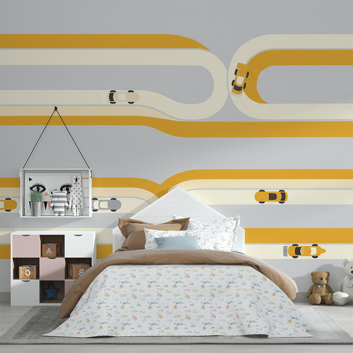 Børnetapet | Farverigt racerbane-design med moderne biler