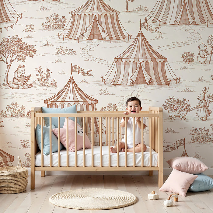 Papel de parede para quarto infantil | Circo encantado com animais e tendas coloridas