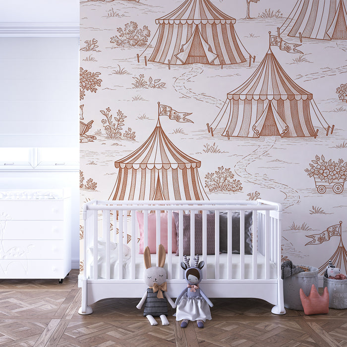 Papel de parede para quarto infantil | Circo encantado com animais e tendas coloridas