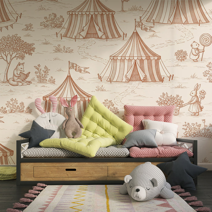 Papel de parede para quarto infantil | Circo encantado com animais e tendas coloridas