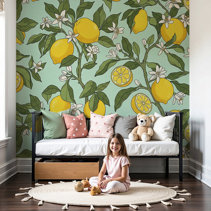 Kinderkamer behang | Citroenbomen en witte bloemen op een turquoise achtergrond
