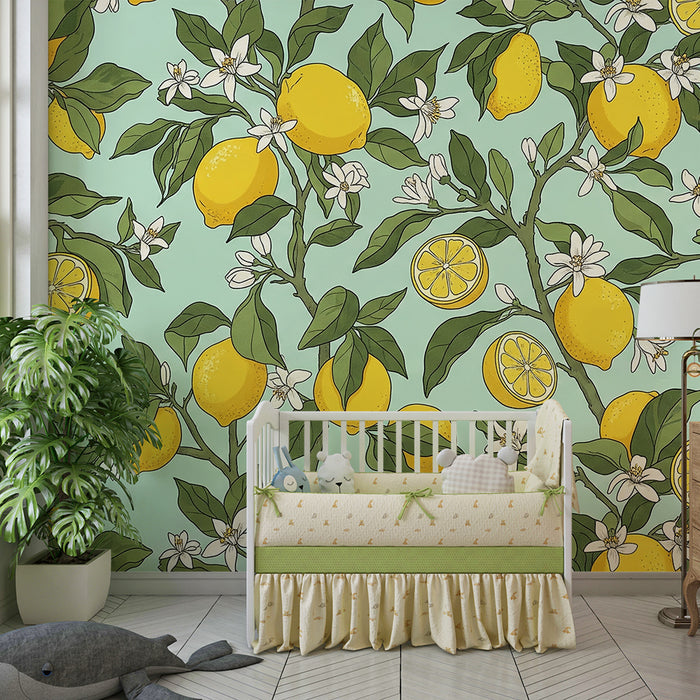 Kinderkamer behang | Citroenbomen en witte bloemen op een turquoise achtergrond