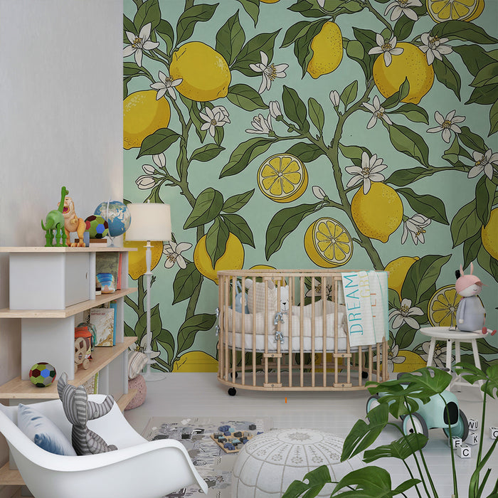 Kinderkamer behang | Citroenbomen en witte bloemen op een turquoise achtergrond