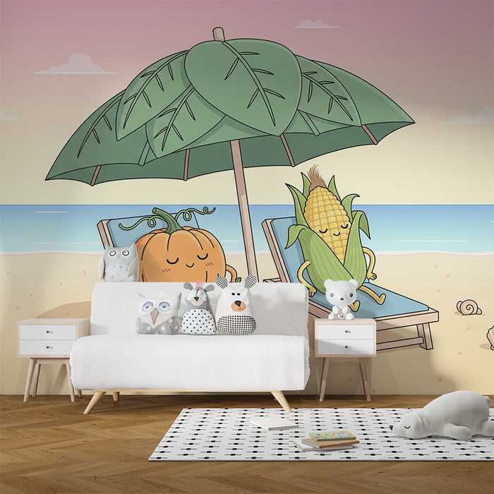 Carta da parati per cameretta | Zucca e mais in vacanza al mare