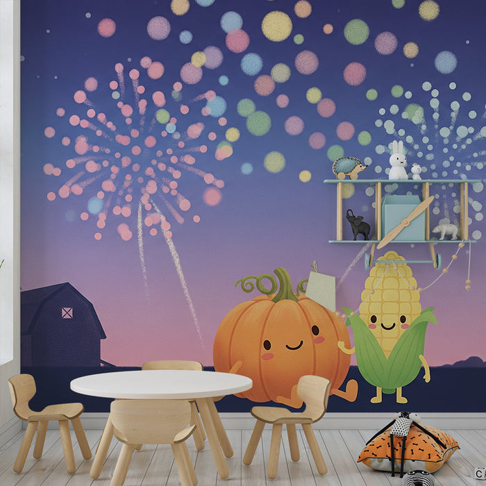 Carta da parati per cameretta | Zucca e mais sotto un cielo stellato con fuochi d'artificio colorati