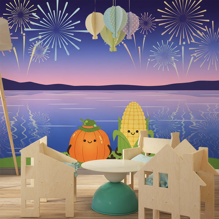 Carta da parati per cameretta | Zucca e mais sotto un cielo di fuochi d'artificio