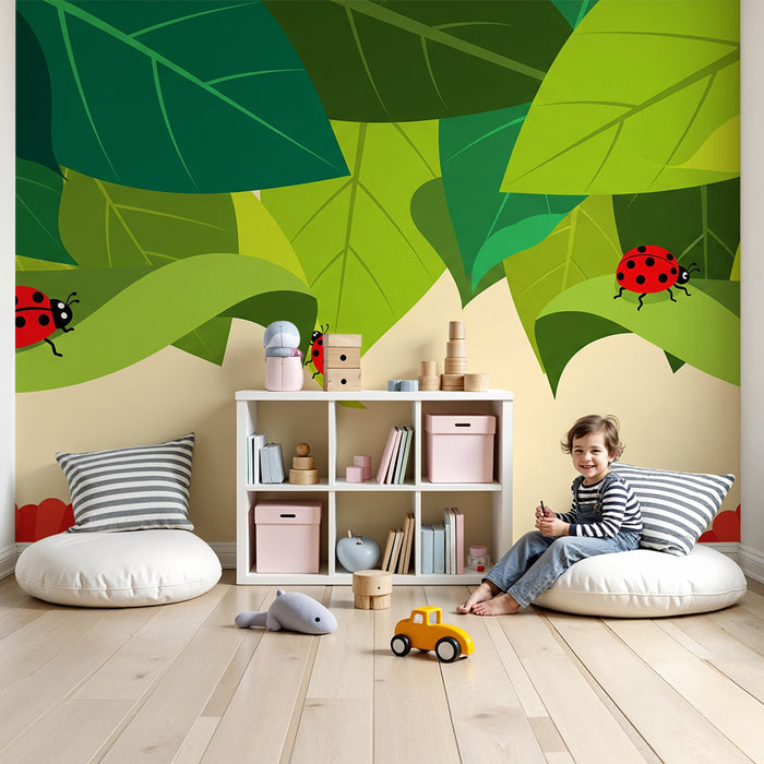 Kids' Room Wallpaper | Playful Ladybugs on a Lush Foliage Background