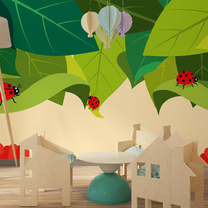 Kids' Room Wallpaper | Playful Ladybugs on a Lush Foliage Background