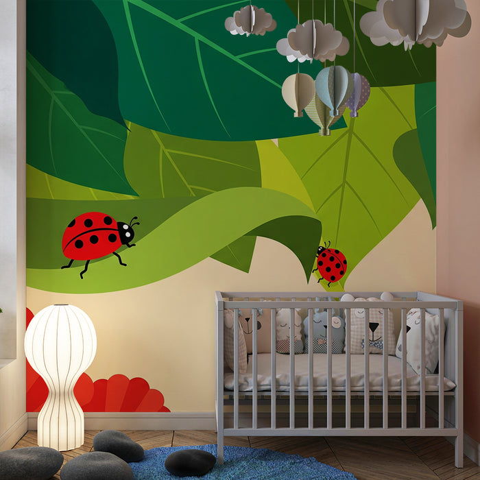 Kids' Room Wallpaper | Playful Ladybugs on a Lush Foliage Background