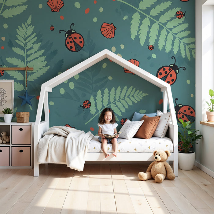 Kids' room wallpaper | Ladybugs and ferns on a turquoise background