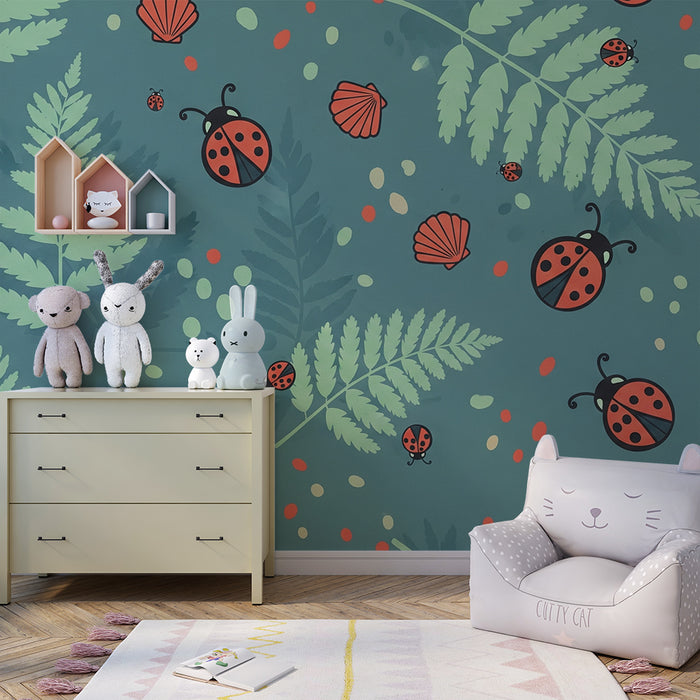 Kids' room wallpaper | Ladybugs and ferns on a turquoise background