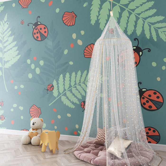 Kids' room wallpaper | Ladybugs and ferns on a turquoise background