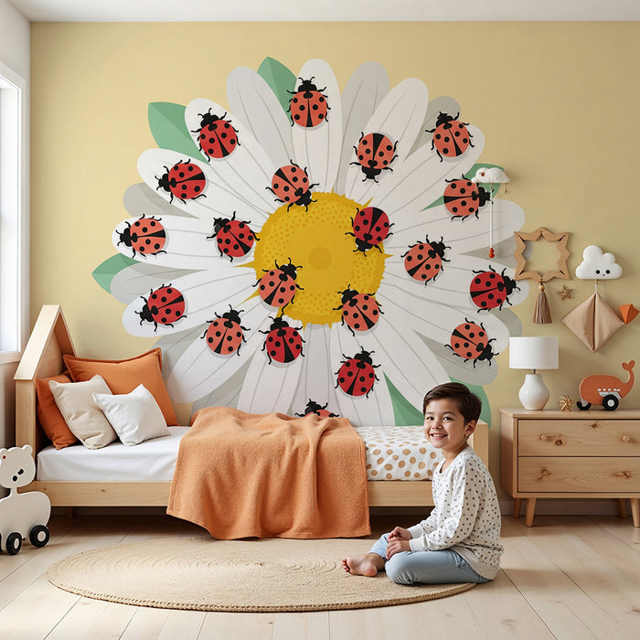 Kids' Room Wallpaper | Cheerful Ladybugs on a Bright Daisy