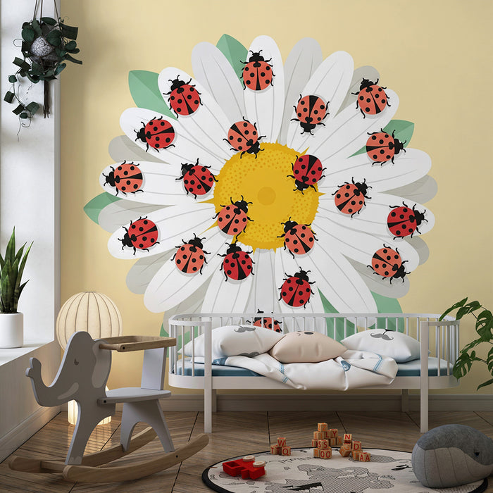 Kids' Room Wallpaper | Cheerful Ladybugs on a Bright Daisy