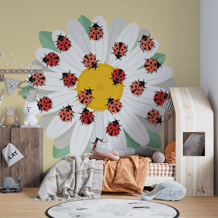 Kids' Room Wallpaper | Cheerful Ladybugs on a Bright Daisy
