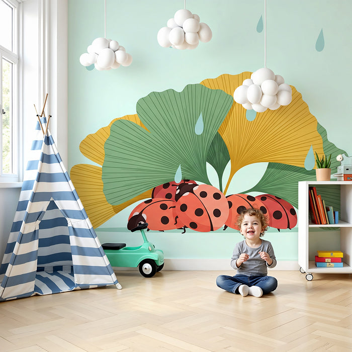 Children's Room Wallpaper | Ladybugs Under Leaves with Raindrops