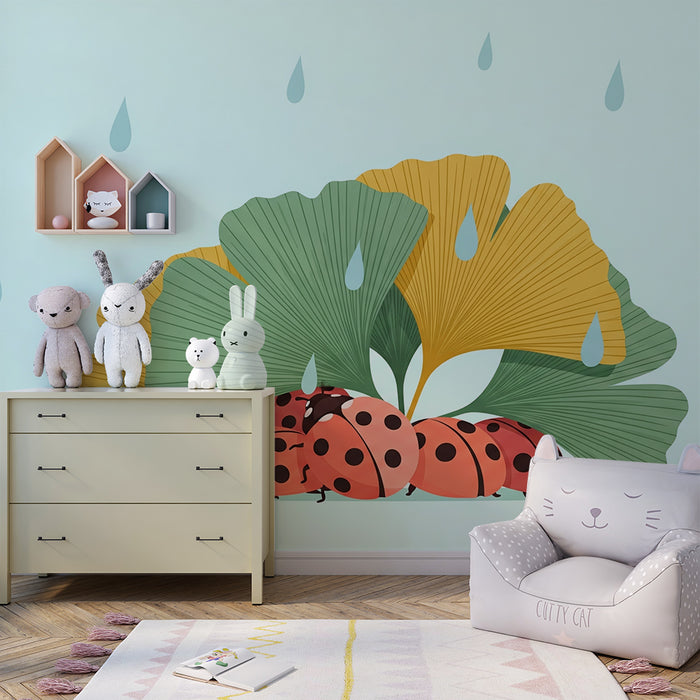 Children's Room Wallpaper | Ladybugs Under Leaves with Raindrops
