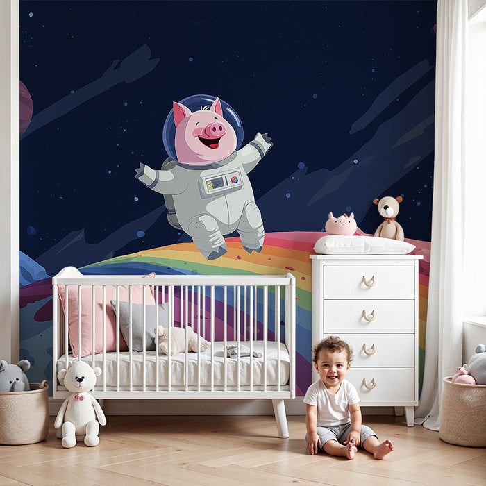 Papier peint chambre enfant | Cochon astronaute sur un arc-en-ciel intergalactique