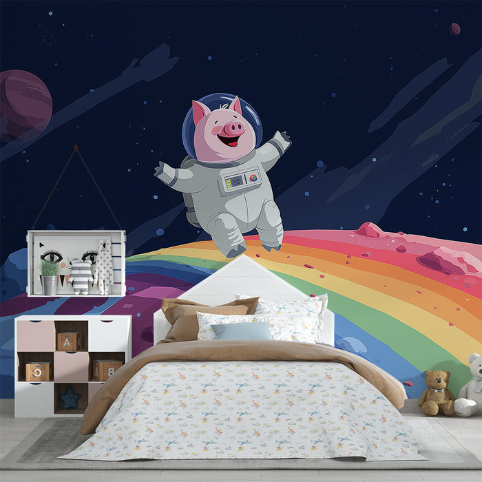 Papier peint chambre enfant | Cochon astronaute sur un arc-en-ciel intergalactique