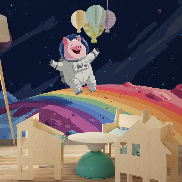 Papier peint chambre enfant | Cochon astronaute sur un arc-en-ciel intergalactique